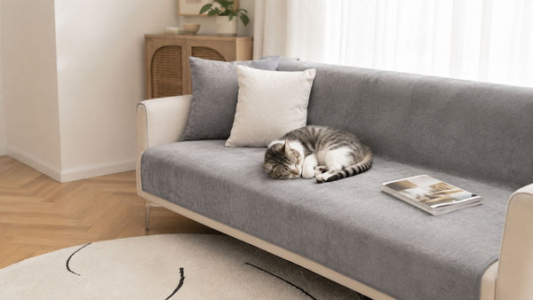 Gato dormido en un sofá cubierto con un cubresofá gris, con un cojín gris y otro blanco