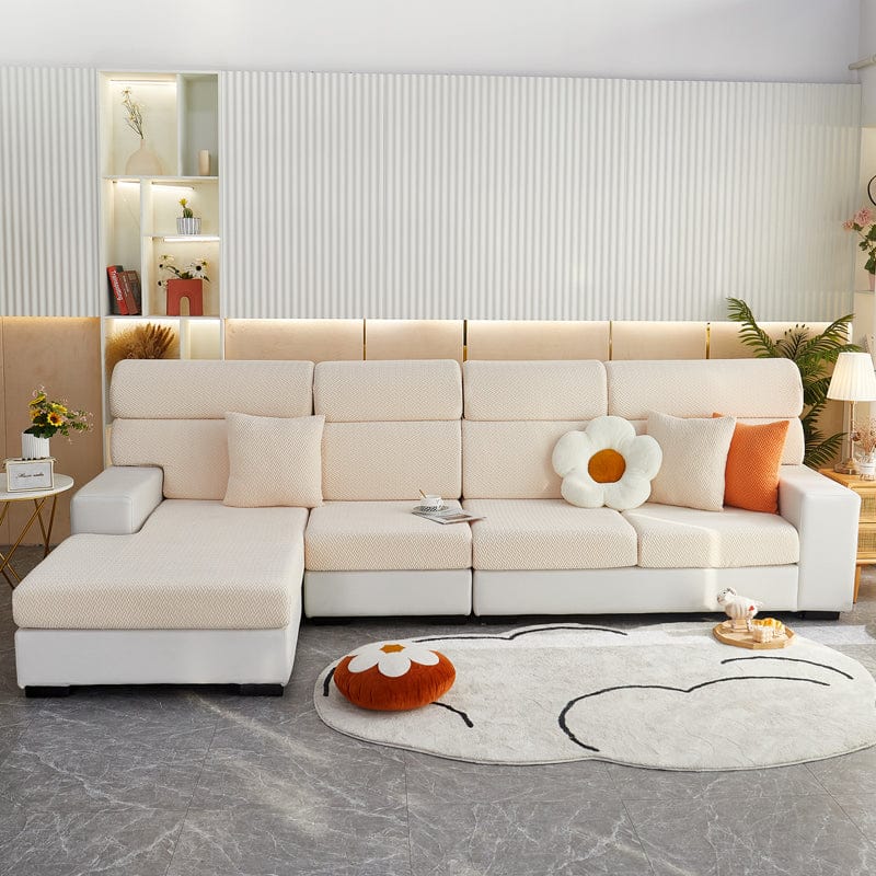 Funda de cojín de sofá de polar, Beige trenzado, colocada en los cojines de asiento y respaldo de un sofá