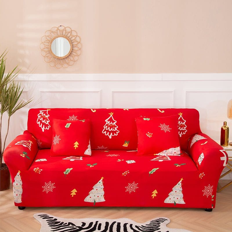 Funda de sofá elástica de Navidad Rojo con abeto blanco