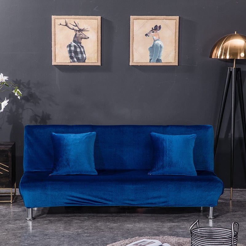 Funda de sofá cama clic clac de terciopelo, Azul, colocada en un sofá cama clic clac