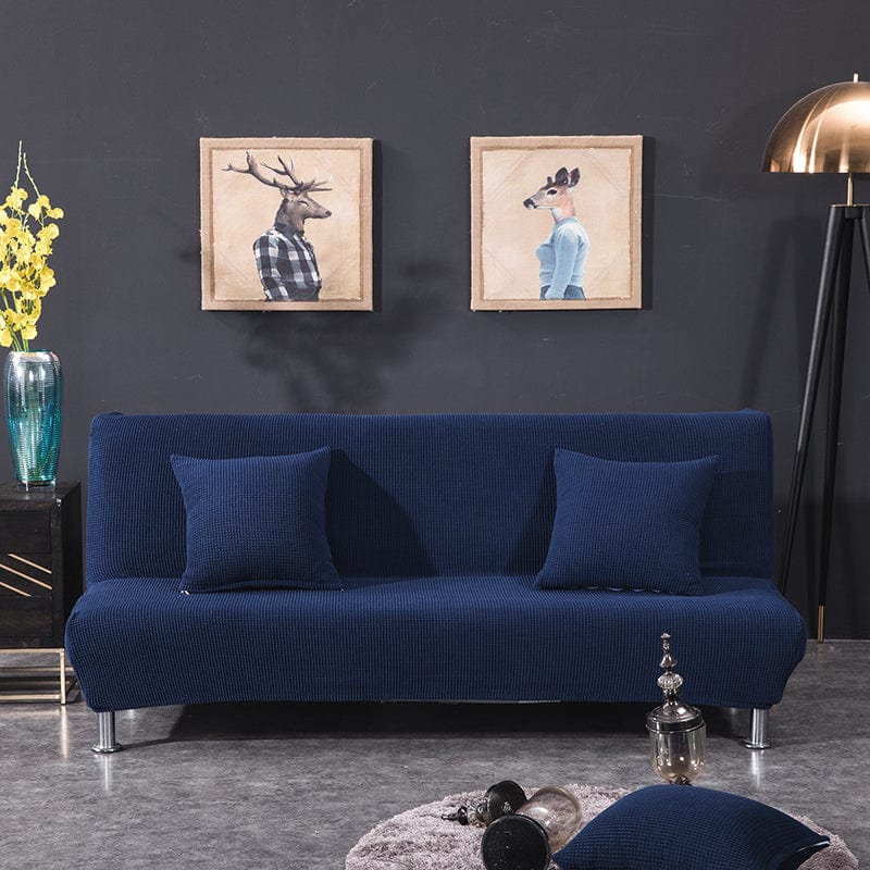 Funda de sofá cama clic clac repelente al agua, Azul marino, colocada en un sofá cama clic clac