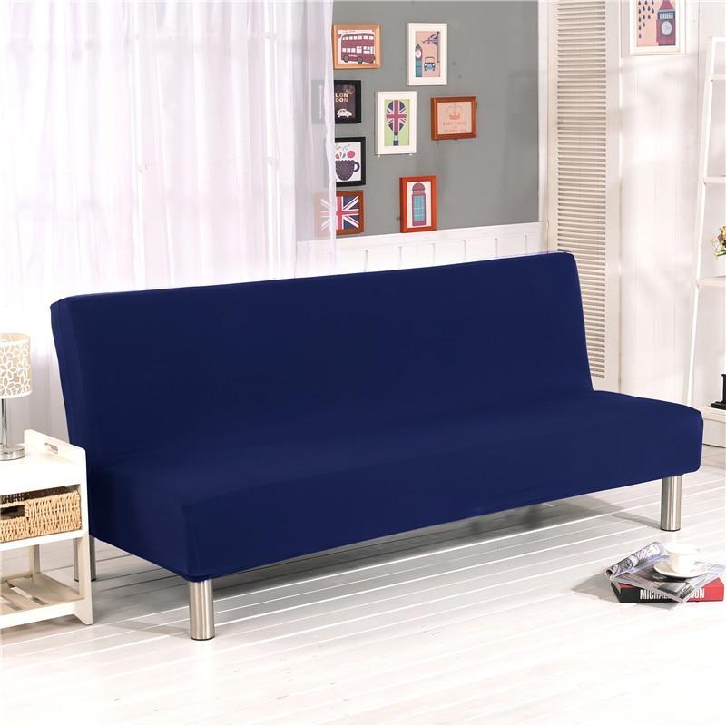 Funda de sofá cama clic clac elástica, Azul marino, colocada en un sofá cama clic clac