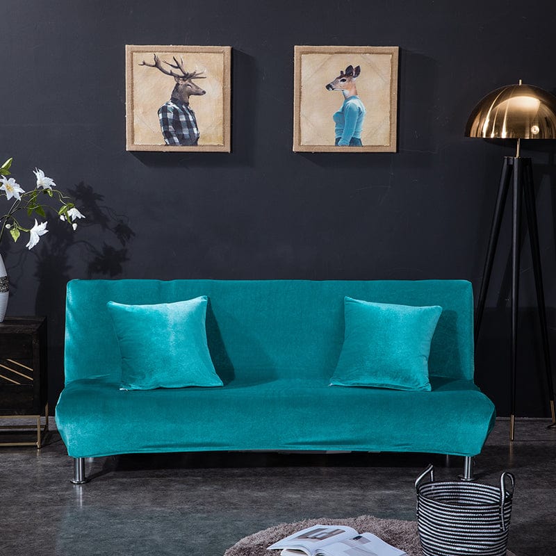 Funda de sofá cama clic clac de terciopelo, Azul pavo real, colocada en un sofá cama clic clac