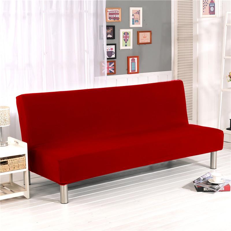 Funda de sofá cama clic clac elástica, Rojo, colocada en un sofá cama clic clac