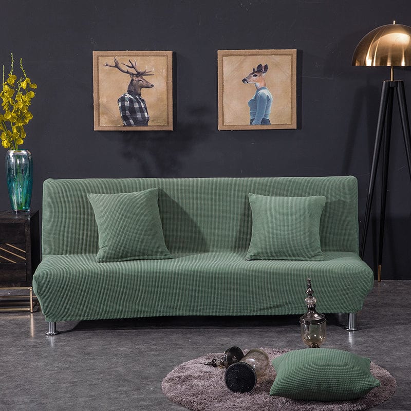 Funda de sofá cama clic clac repelente al agua, Verde ceniza, colocada en un sofá cama clic clac