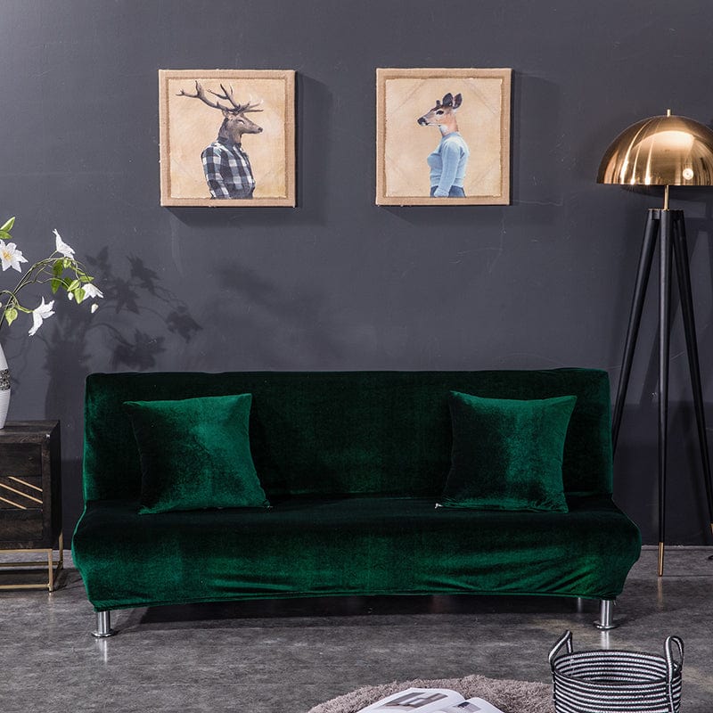Funda de sofá cama clic clac de terciopelo, Verde botella, colocada en un sofá cama clic clac