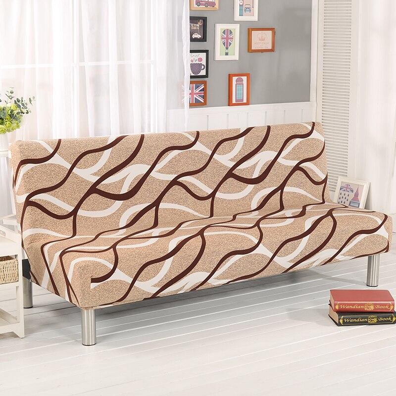 Funda de sofá cama clic clac elástica, Beige ondas, colocada en un sofá cama clic clac