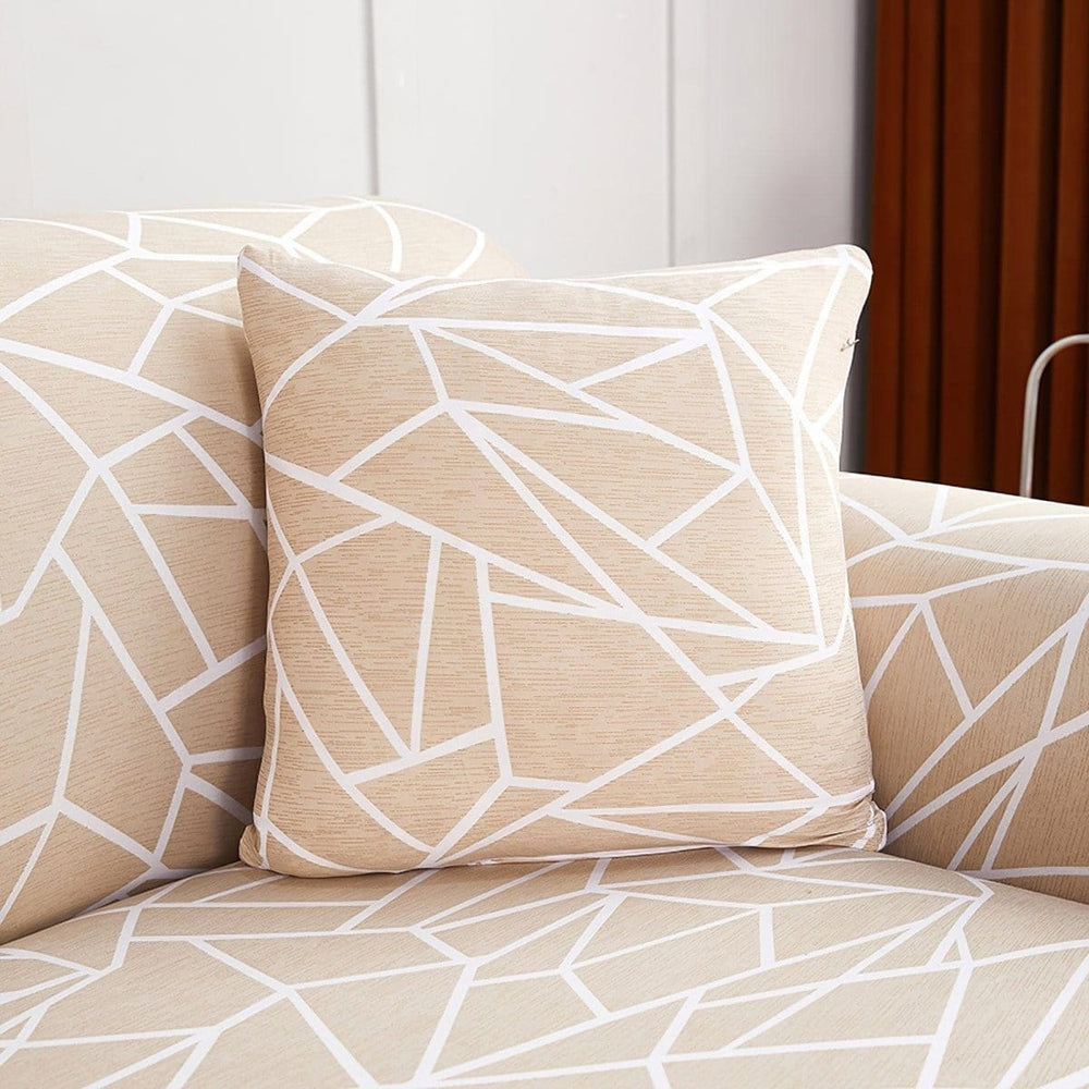 Fundas de cojín elásticas 45 × 45 cm — pack de 2, Beige gráfico, colocadas en un sofá