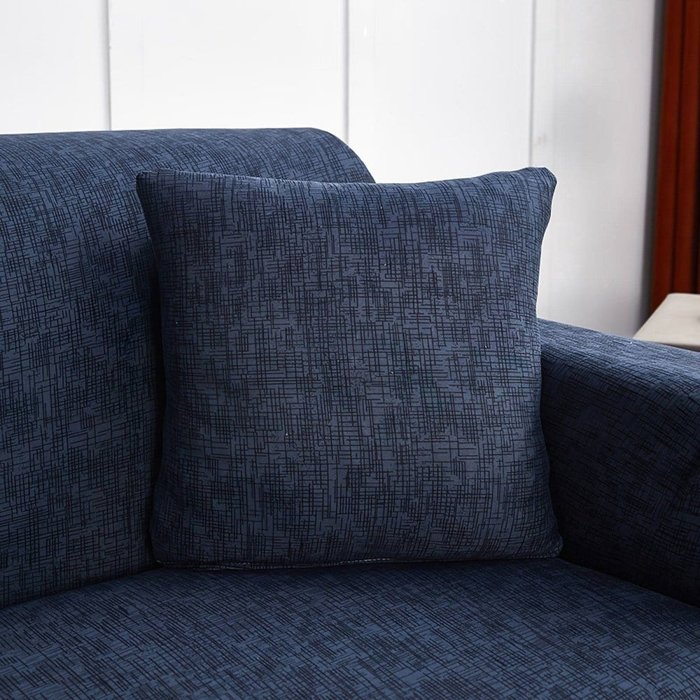 Fundas de cojín elásticas 45 × 45 cm — pack de 2, Azul marino jaspeado, colocadas en un sofá
