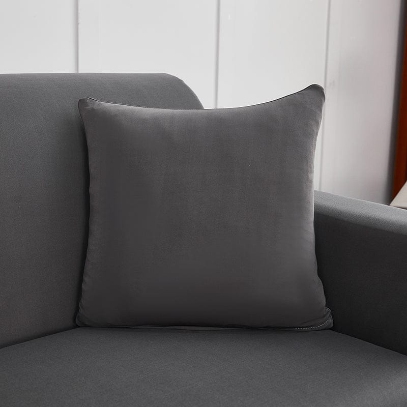 Fundas de cojín elásticas 45 × 45 cm — pack de 2, Gris antracita, colocadas en un sofá