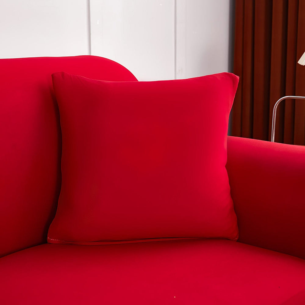 Fundas de cojín elásticas 45 × 45 cm — pack de 2, Rojo, colocadas en un sofá