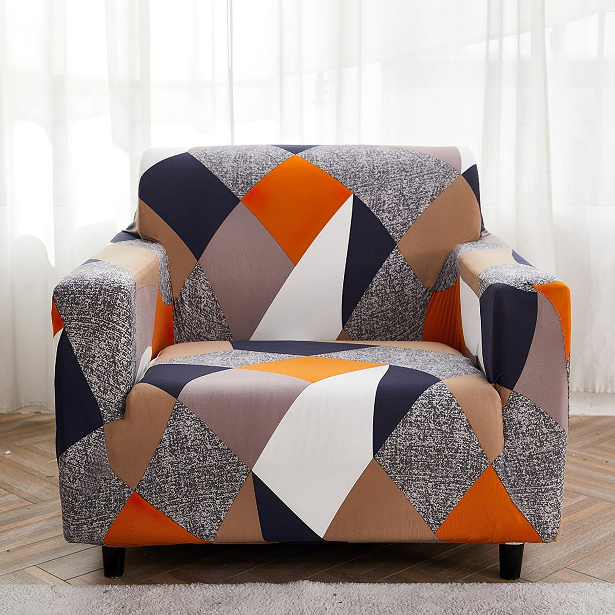 Funda de sillón elástica Patchwork naranja y marino