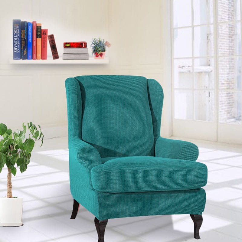 Funda de sillón orejero repelente al agua, Turquesa, colocada en un sillón orejero