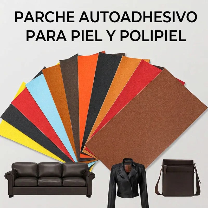 Los colores del parche autoadhesivo de reparación para piel y polipiel, con un sofá, una chaqueta y un bolso de piel