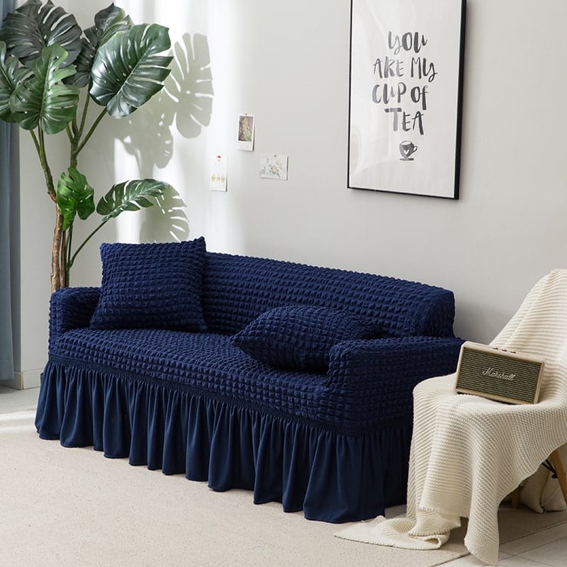 Azul - Funda estilo falda con volante para sofás y sofás de esquina - La Casa de las Fundas